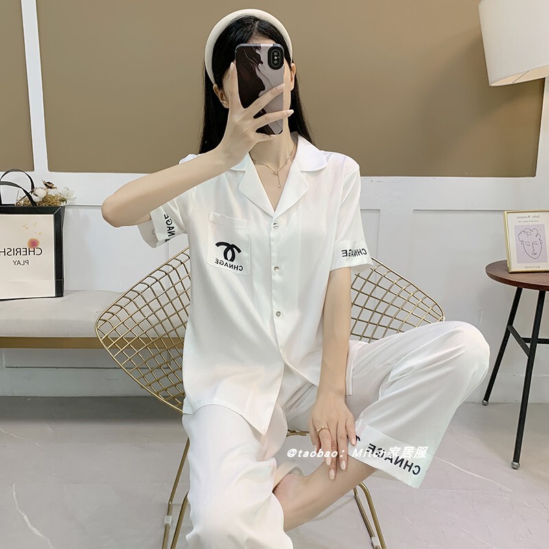 Ice Silk Pajamas for Women, Summer Thin Short-Sleeved Long Pants, Internet Celebrity 2026 New Style, High-End Chanel-Style Loungewear Set