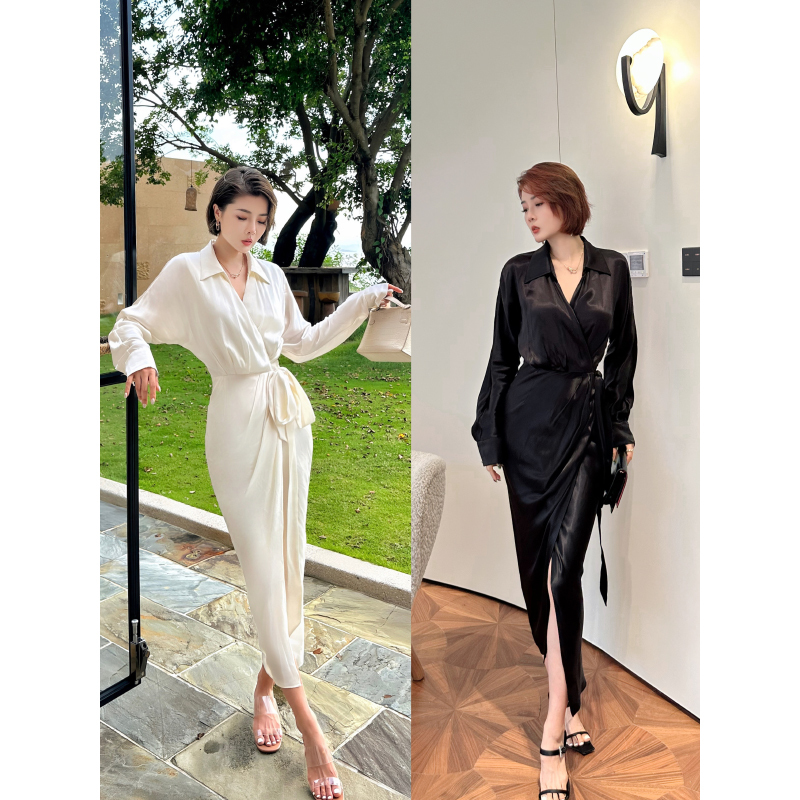 Xulu Original Imported Water-Soft Cupro Silk One-Piece Tie-Up Shirt Dress, Elegant Waist-Cinching Long-Sleeve Dress