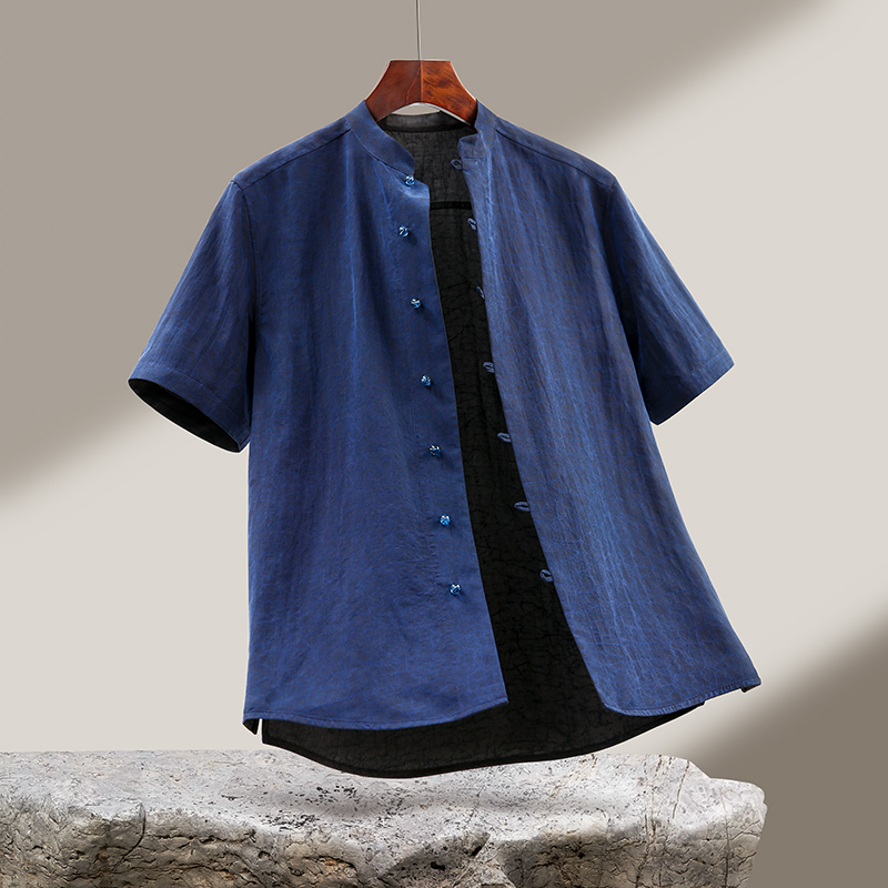 Reversible Heavyweight Fragrant Cloud Yarn Turtle Cracked Short-Sleeved Shirt Chinoiserie Old Material Mulberry Silk Men's Tang Suit Silk Shirt
