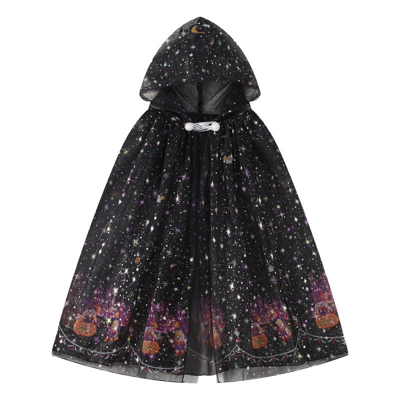 Halloween costumes for children, including wizard capes, cloaks, and costumes for both men and women, as well as black witch outfits and props.