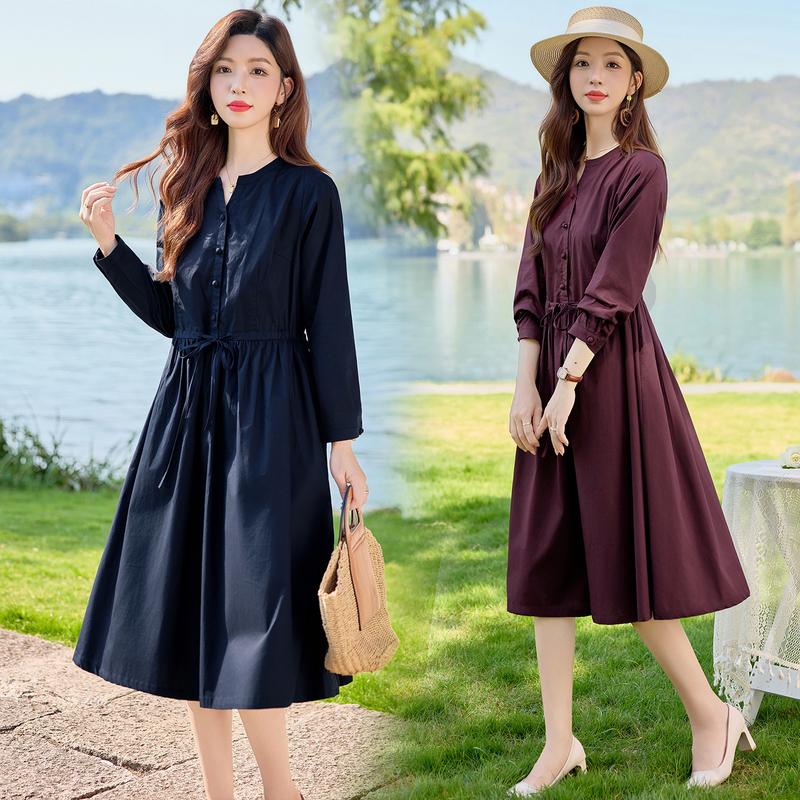 High-End Solid Color Dress for Women 2026 Spring New Style Waist-Cinching Belly-Covering Elegant Mid-Length Casual Pure Cotton Dress