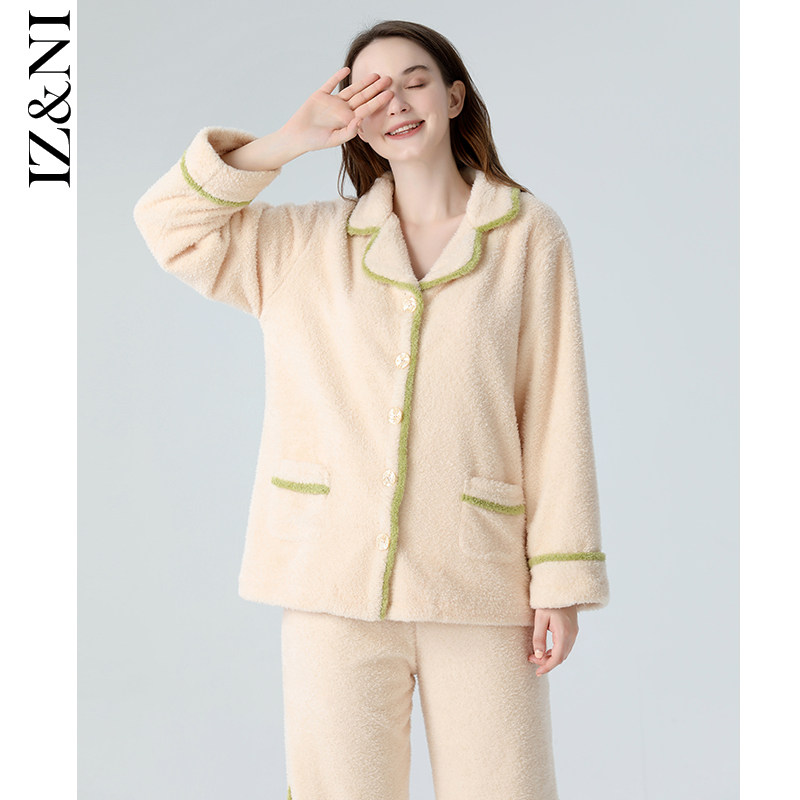 IIZZINI original pajamas women's winter long-sleeved coral fleece thickened flannel contrast color homewear suit