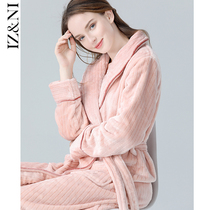 IIZZINI original robe women winter long sleeve coral velvet pajamas with cotton padded padded pink lace bathrobe