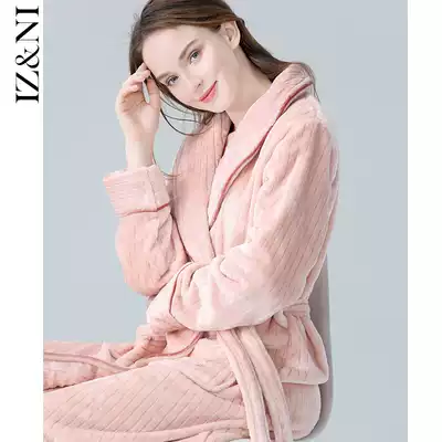IIZZINI original robe women winter long sleeve coral velvet pajamas with cotton padded padded pink lace bathrobe