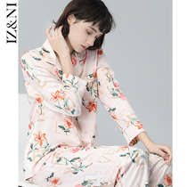 IIZZINI 2021 new home wear Women spring and autumn ice silk long sleeve Hemerocallis printing luxury pajamas set