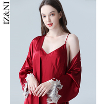 IIZZINI original 2022 genuine silk sleeping robe womens spring and summer thin section of mulberry silk harnesses 2 pieces of wine red wedding morning gown