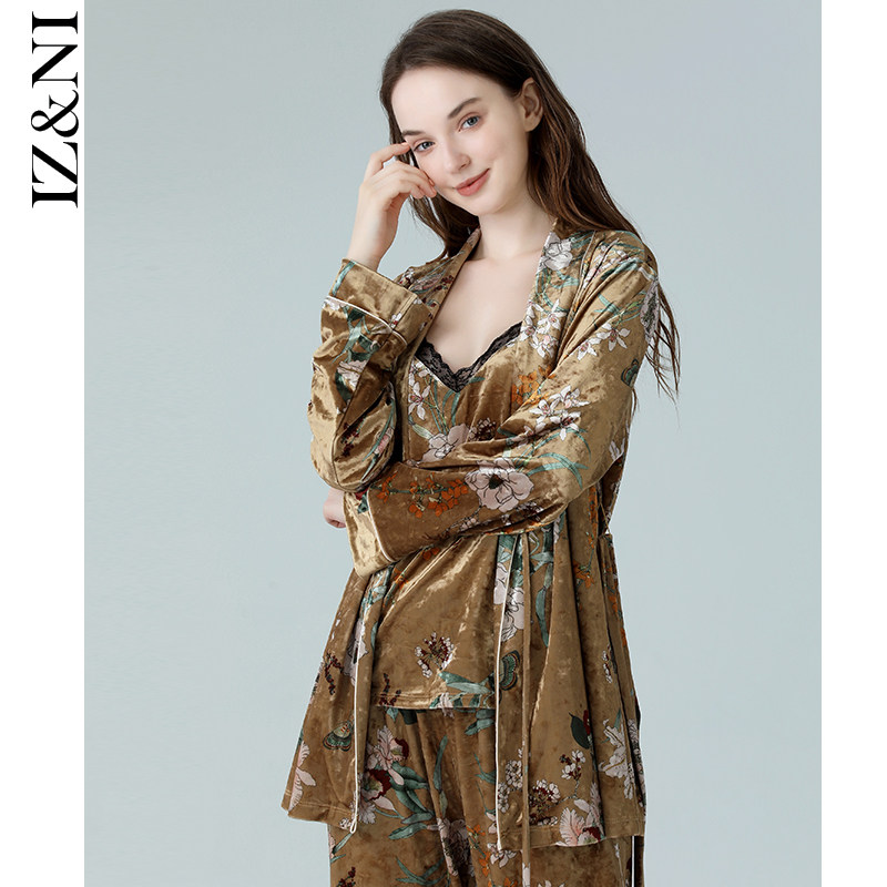 IIZZINI 2022 pyjamas woman autumn winter long sleeve gold velvet national windy lotus harness long pants home suit suit