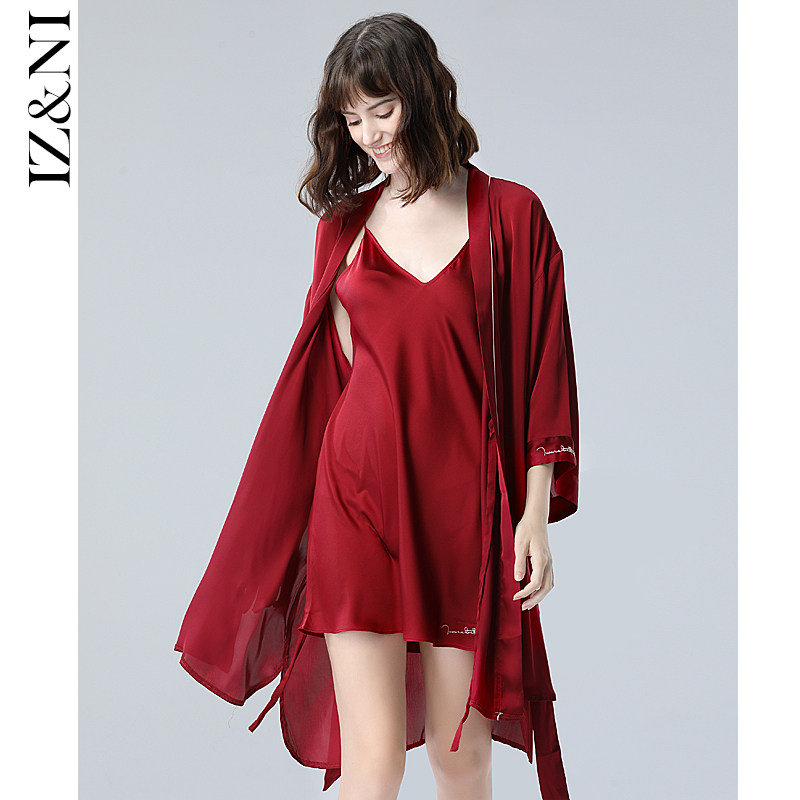 IIZZINI nightgown women's spring and summer ice silk suspenders wine red luxury bridal wedding dress two-piece dressing gown bathrobe