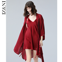 IIZZINI dressing gown women spring and summer ice silk sling wine luxury Bride wedding dress two-piece set morning robe bathrobe
