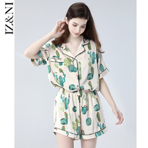 IIZZINI 2021 Pajamas Women Summer Thin Short Sleeve Ice Cactus Print Shorts Silk Home Clothes Set