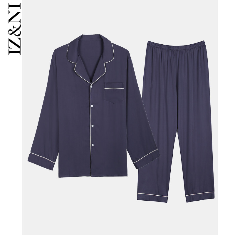 IIZZINI special price clear cabin ~ pyjamas male spring autumn long sleeves goon satin wool minimalist long pants blue stay-at-home suit