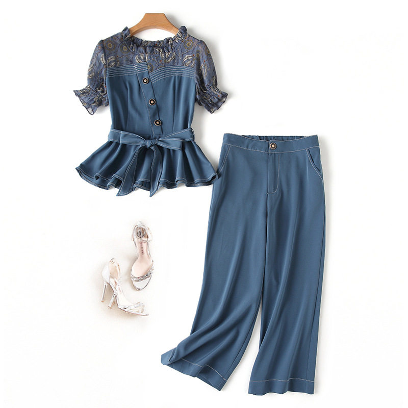 Export France European and American Foreign Trade Original Single Withdrawal Cabinet Cut Tail Goods Discount 2020 Summer Blouses Broadlegged Pants Two Sets