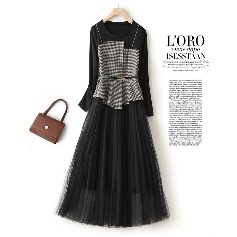 Export European and American Yu Shan Discounts Cut Mark Foreign Trade Raw single-tailed goods Internet Yarn Big-style Clothing Spring Autumn Season Fashion long version of dress