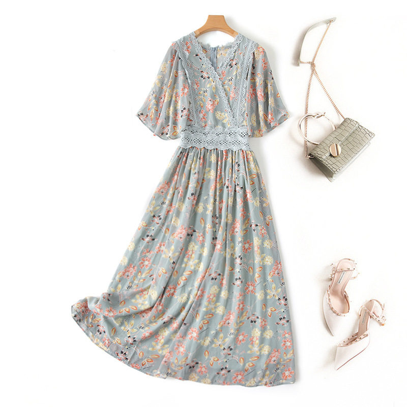 Export Foreign Trade Original Single Withdrawal Cabinet Cut Mark Tail single high-end French style summer V lead lace collection waist printed snowspun foreign dress