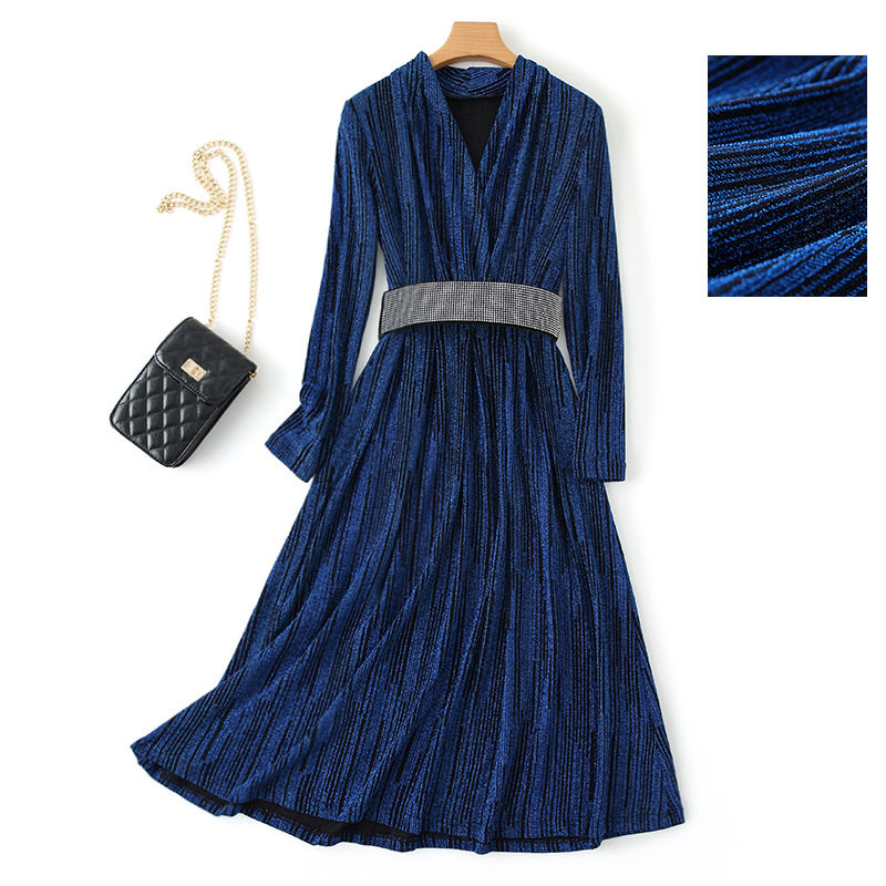 Foreign trade Original single-tailed single outlet Cut Mark Discount Autumn Collection Waist Large Swing V Collar Set Head Inlays Golden Silk Long Sleeve Foreign Dress