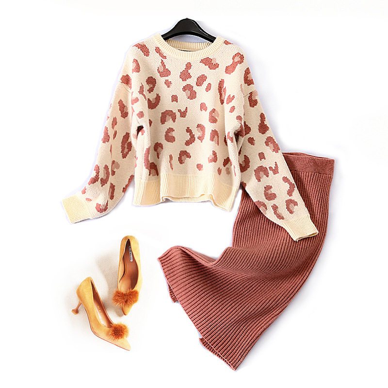 European and American foreign trade original single high-end big brand export cut mark discount autumn and winter round neck knit shirt skirt set