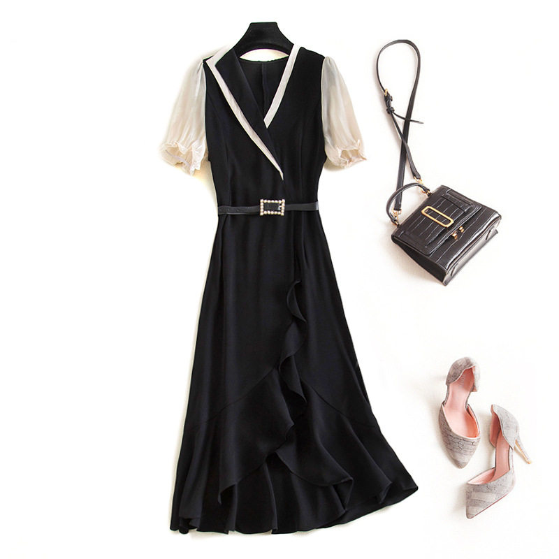 Export France Foreign trade Original single mall Cut V collar Neckline Cashew Tail Bubble Cuff Splicing Irregular Pendulum