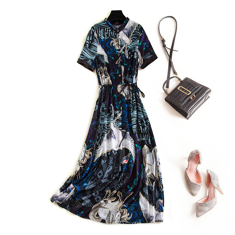 Export Europe and America Foreign trade Original single mall Withdrawal Discount Bull Goods Summer Clothing single row Buttons Cashew Genuine Silk Ocean Dress