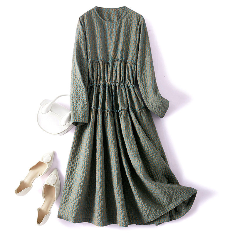 Yu Shan United States and Europe Export Cut-Label Foreign Trade Original Single Tail Single Tail Goods Spring Round Neckline Draw Rope Collection Waist Long Sleeve Foreign Dress