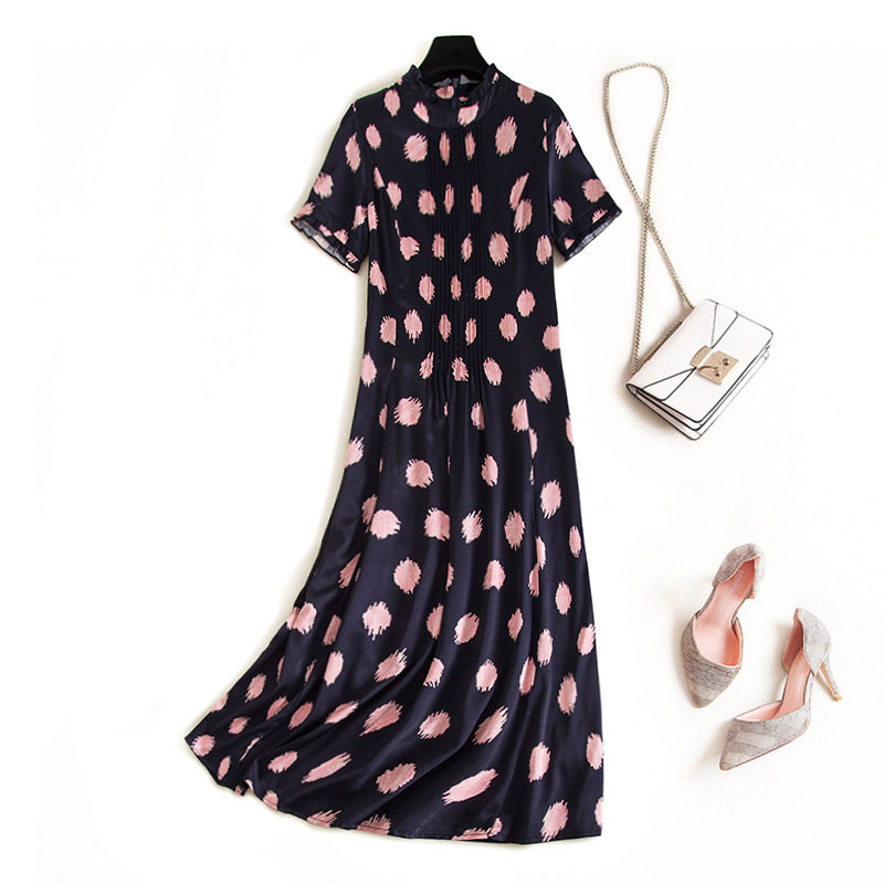 Export France Foreign trade Original single mall Withdrawal Cut Mark Discount Summer Loaded Round Collar Press Pleats Cashew Genuine Silk Dress