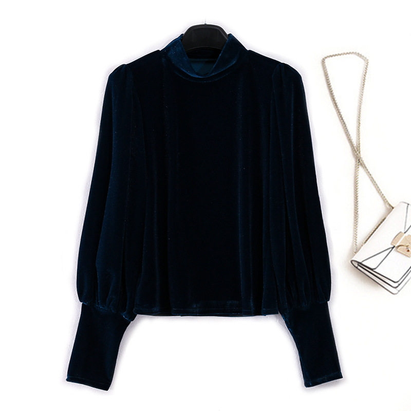 Export Foreign Trade Original Single High End Cut Tail single Fall Half High Collar Lantern Sleeve Loose Blouse Clothing Gold Velvet Cardiff