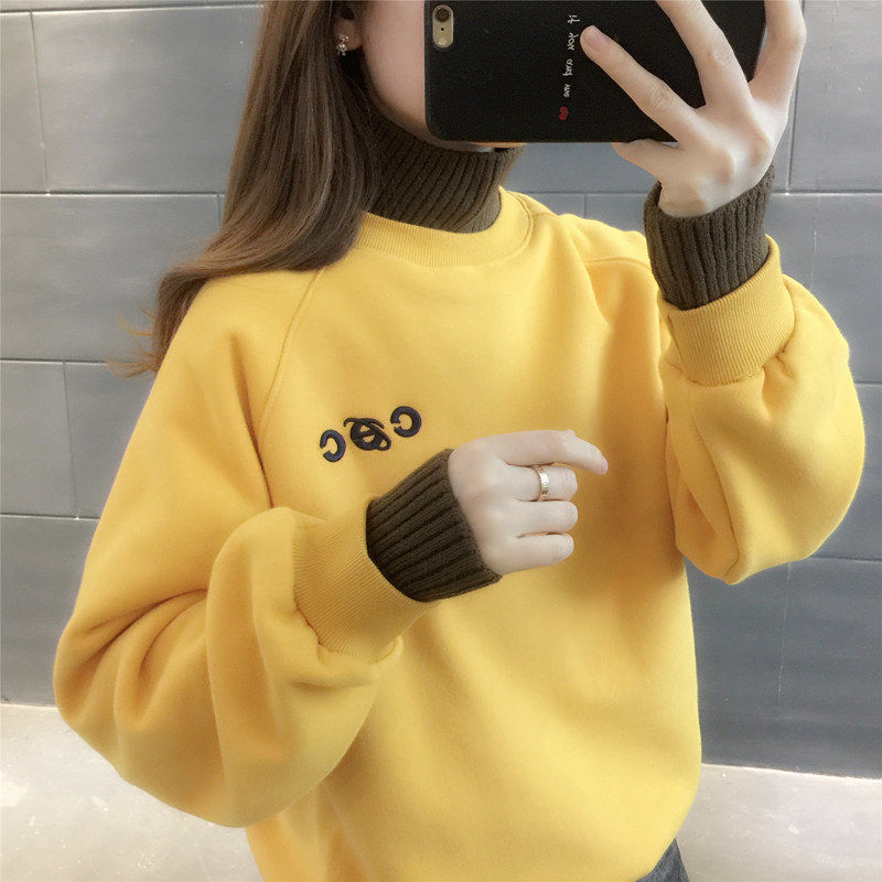 假两件加绒卫衣女宽松半高领保暖上衣外套