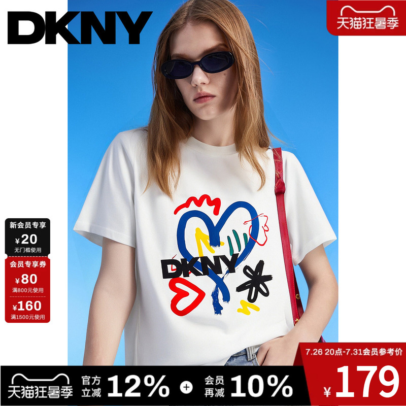 Dkny Summer Short-Sleeve T-Shirt for Women, Round Neck, Heart Print, Fashionable and Simple White T-Shirt, Versatile and Trendy
