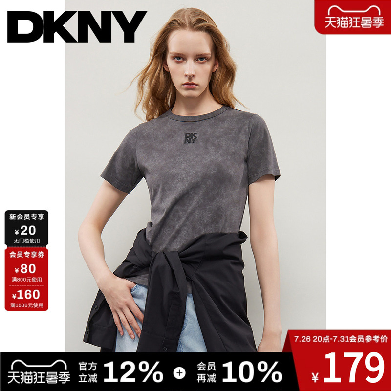 【100% Cotton】Dkny Donna Karan Summer T-Shirt Short Sleeve Women's Dark Gray Vintage Round Neck Top Fashionable Distressed Color