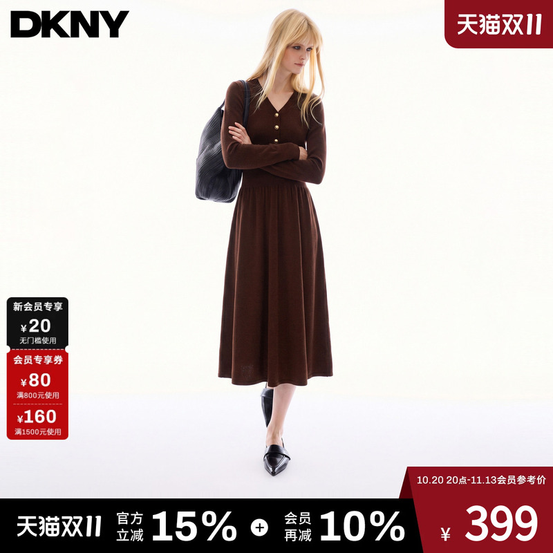 [100% Sheep Wool] Dkny Tang Konaer 26 Autumn and Winter New Long-Sleeved Knitted Dress for Women with Waist-Cinching V-Neck