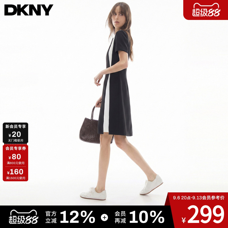 Dkny Tang Kenaier 26 Color-Blocked Short-Sleeved Dress for Women, A-Line Waist-Cinching, Slimming, Round Neck, Casual Style, Simple Dkny Tang Kenaier 26 Color-Blocked Short-Sleeved Dress for Women, A-Line Waist-Cinching, Slimming, Round Neck, Casual Style, Simple