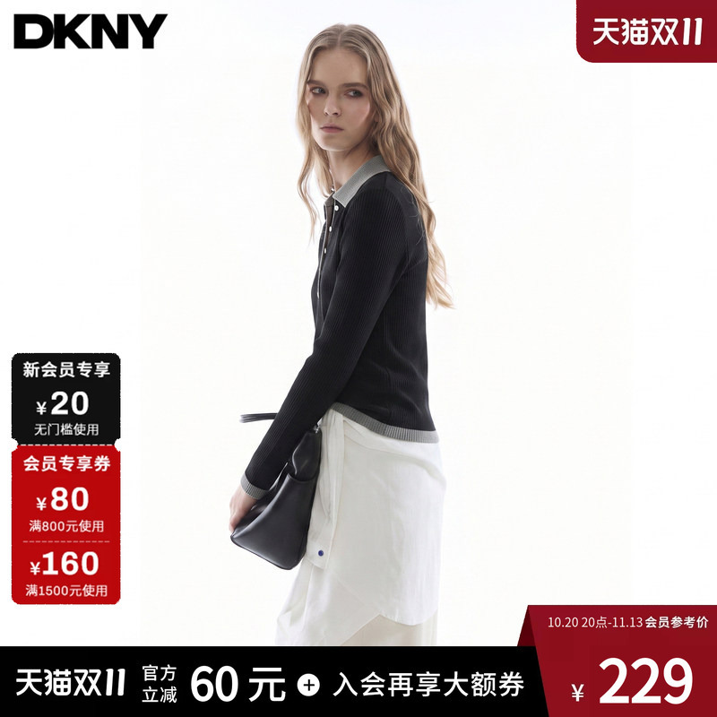 Dkny Long-Sleeve T-Shirt for Women, Stylish Polo Collar, Elegant and Chic Black Faux Two-Piece Top