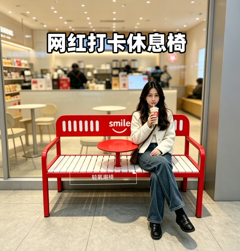 Trendy Photo-Worthy Rest Chairs in Shopping Malls and Parks, Outdoor Benches in Dopamine-Style Instagram Stores, Photo-Ready Waiting Chairs with Backrests