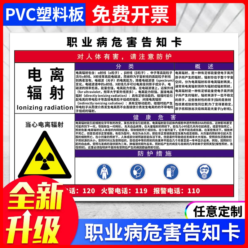 Ionizing radiation occupational disease hazard notification card card warning sign post risk dust high temperature noise limited space hygiene and safety awareness card factory workshop hazardous chemical reminder card