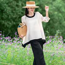 Dopamine Wear Round Neck Large Size Loose Short Top Womens Summer Stall 2023 Womens New Product Pleated A-Line T-Shirt