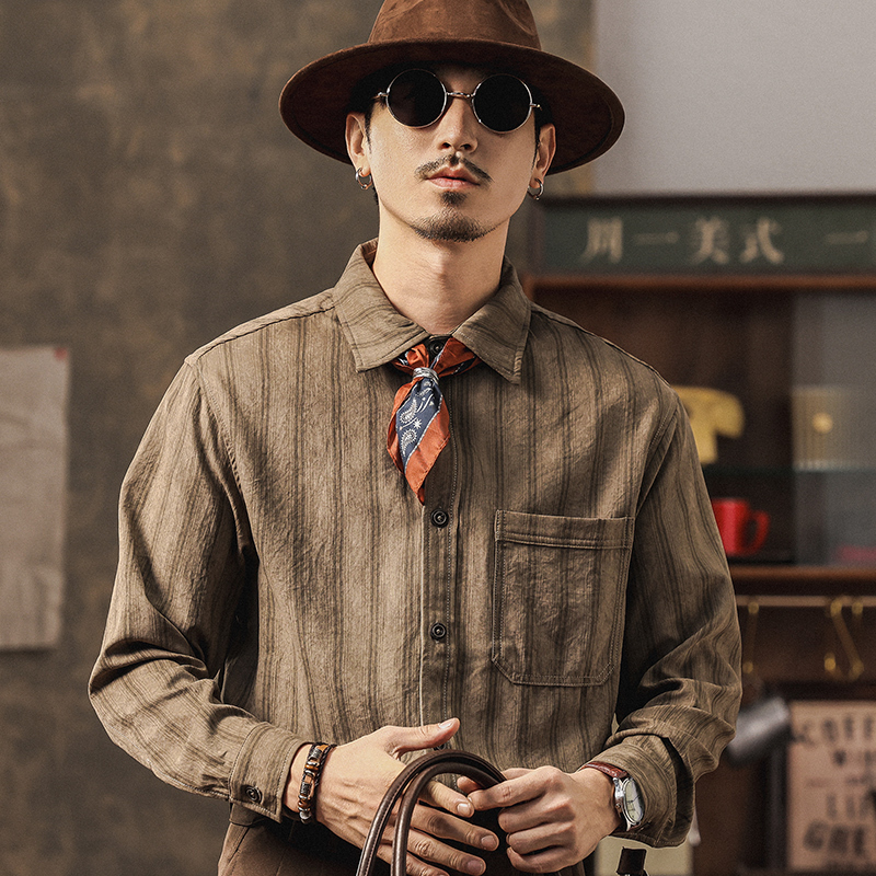 Matte Copper Ammonia Velvet Distressed Retro Striped Shirt for Men, New Autumn Style, Loose Fit, No-Iron American Casual Shirt