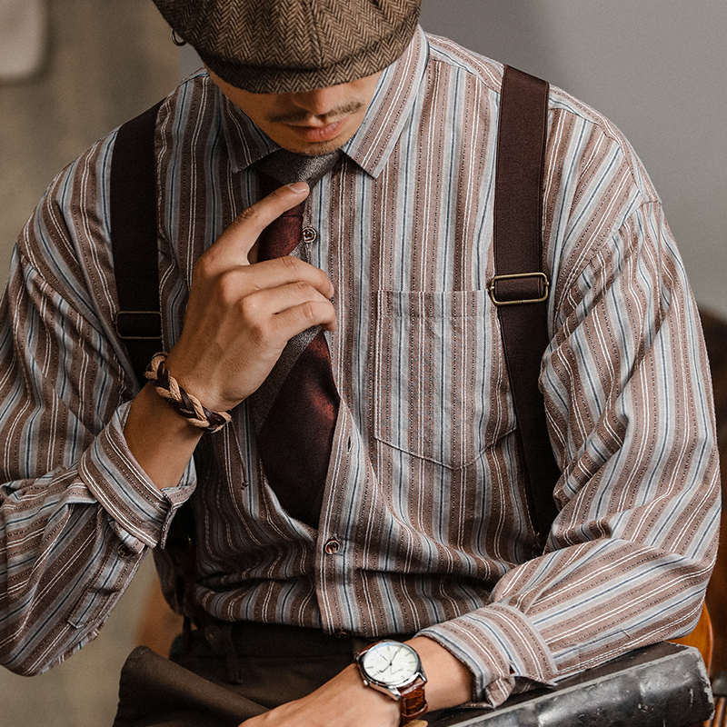 British Style High-End French Shirt for Men Vintage Retro Yuppie American Striped Long-Sleeved Shirt