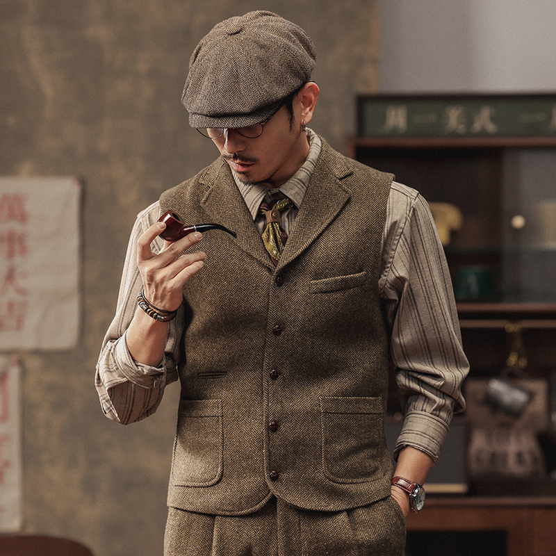 British Style Woolen Hunting Vest for Men, American Casual Tweed Autumn and Winter Slim-Fit Vest Jacket