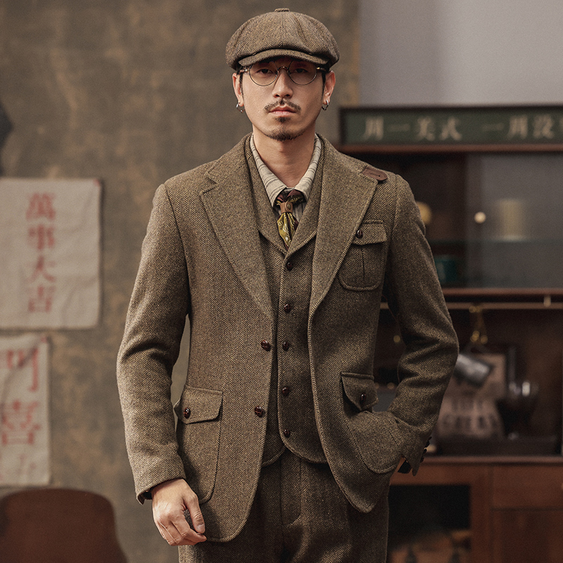 British Gentleman Style Retro Woolen Suit Jacket Men's Autumn and Winter Casual Slim Single-Breasted Suit Hunting Jacket Men