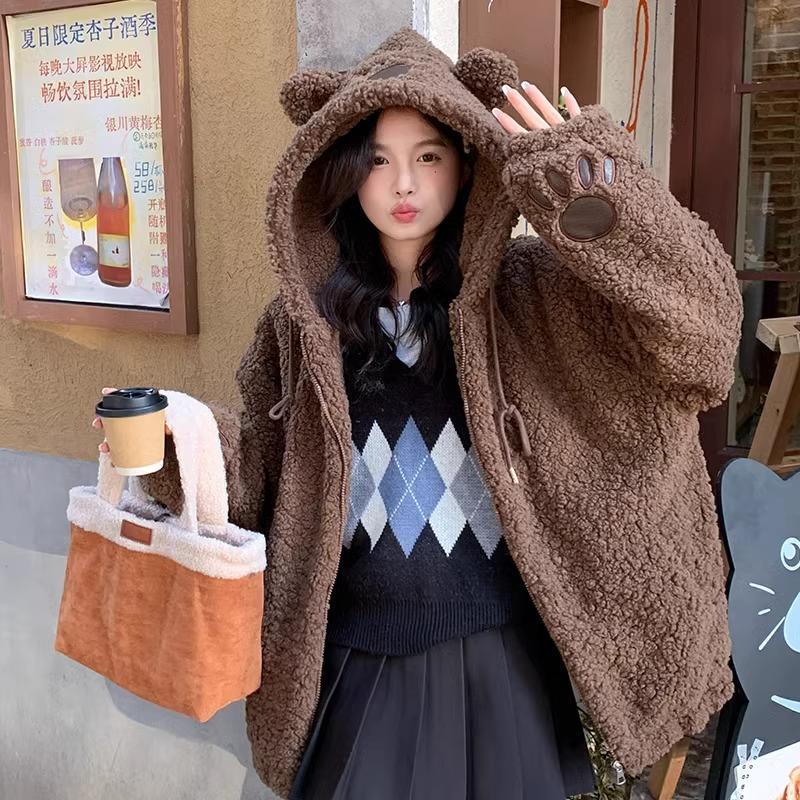 2025 Autumn/Winter New Cute and Quirky Bear Ear Lamb Wool Coat for Women, Hooded, Thickened, Youthful and Sweet Style 2025 Autumn/Winter New Cute and Quirky Bear Ear Lamb Wool Coat for Women, Hooded, Thickened, Youthful and Sweet Style