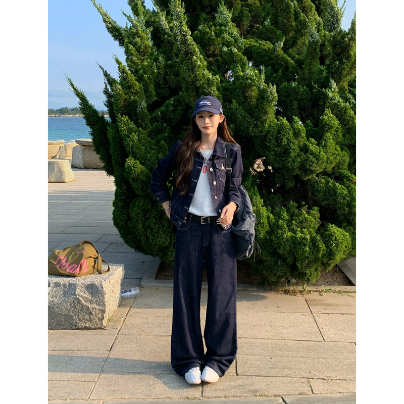 3Mer Oh Oh Sanmei Original Denim Color Lapel Denim Jacket Top Women's Loose Straight-Leg Jeans Set Two-Piece Set