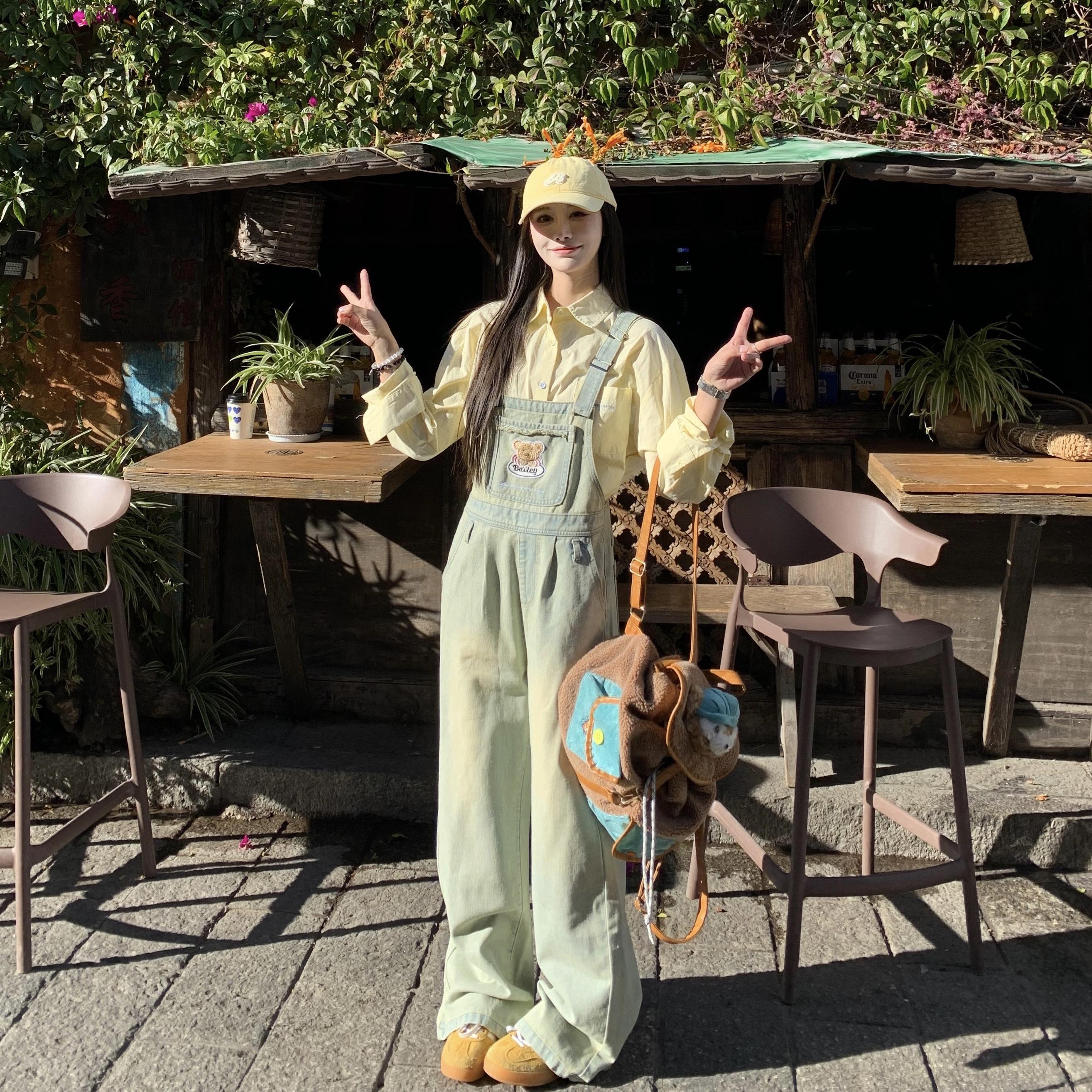 3MER Oh Oh Sanmei レトロウォッシュデニムオーバーオール レディース 2025 春新作 カジュアルワンピース ワイドレッグパンツ