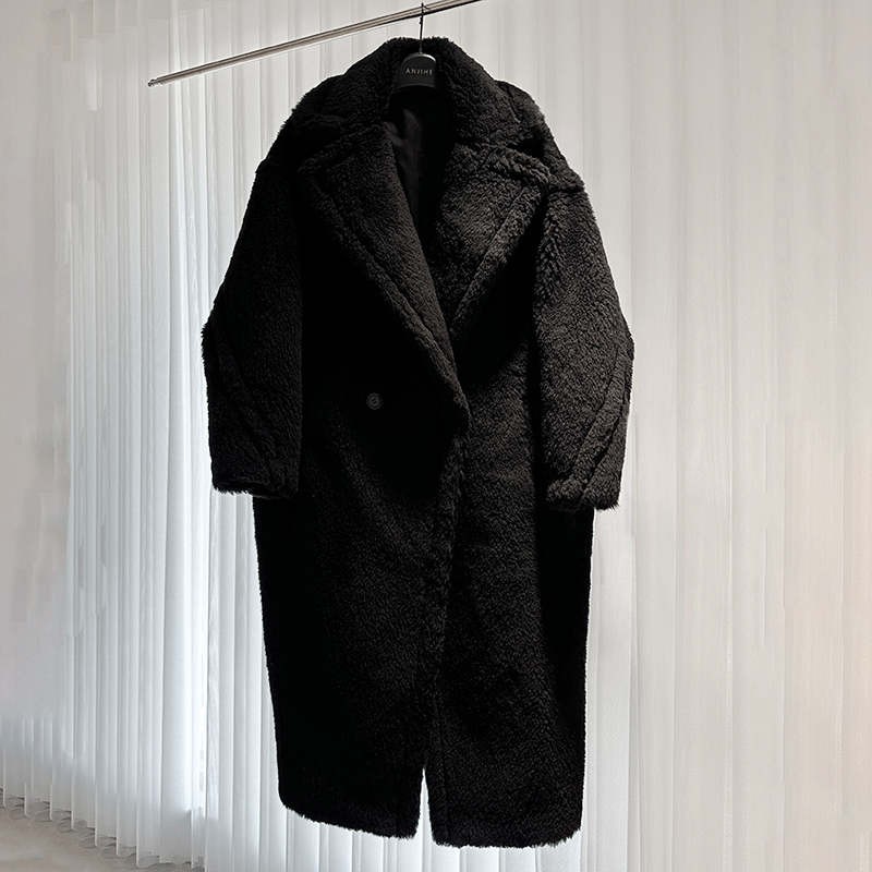 F/W2024 New m Brand Black Teddy Bear Wool Coat for Women, Loose Mid-Length Style with Granular Wool Fur
