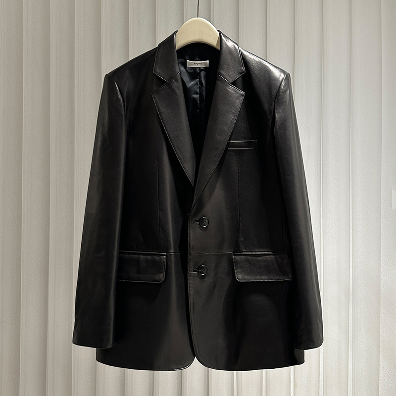 2025 Autumn Black Suit Genuine Leather Jacket Women's Short Sheepskin Vegetable-Tanned Leather Coat High-End Loose Fit