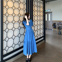 Pretty and handsome 2022 new female Hepburn style can be salty and sweet long skirt ankle fairy air puff sleeves blue even