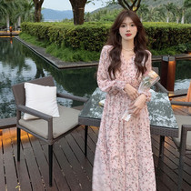 Pretty early autumn 2022 new womens chic tea break dress French retro pink floral long-sleeved dress