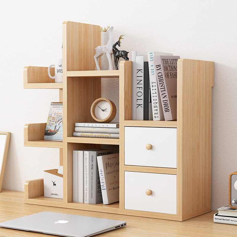 Desktop Bookshelf with drawer desk on simple shelf Students' collection of storage bookcase Home Multi-story small bookshelves