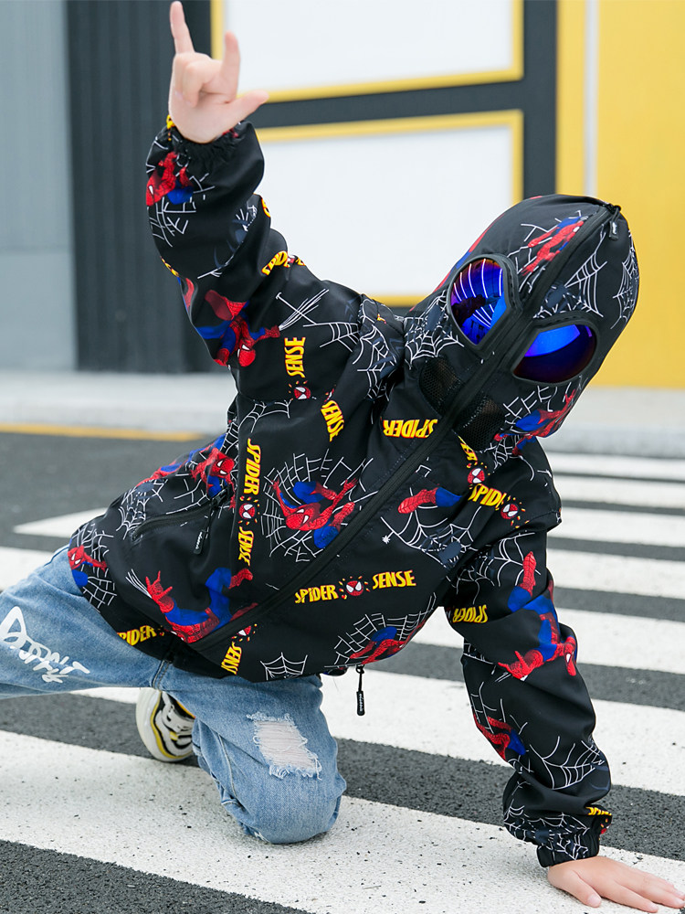 Children's spider-man jacket with glasses boy autumn windproof jacket hooded Altman foreign style top