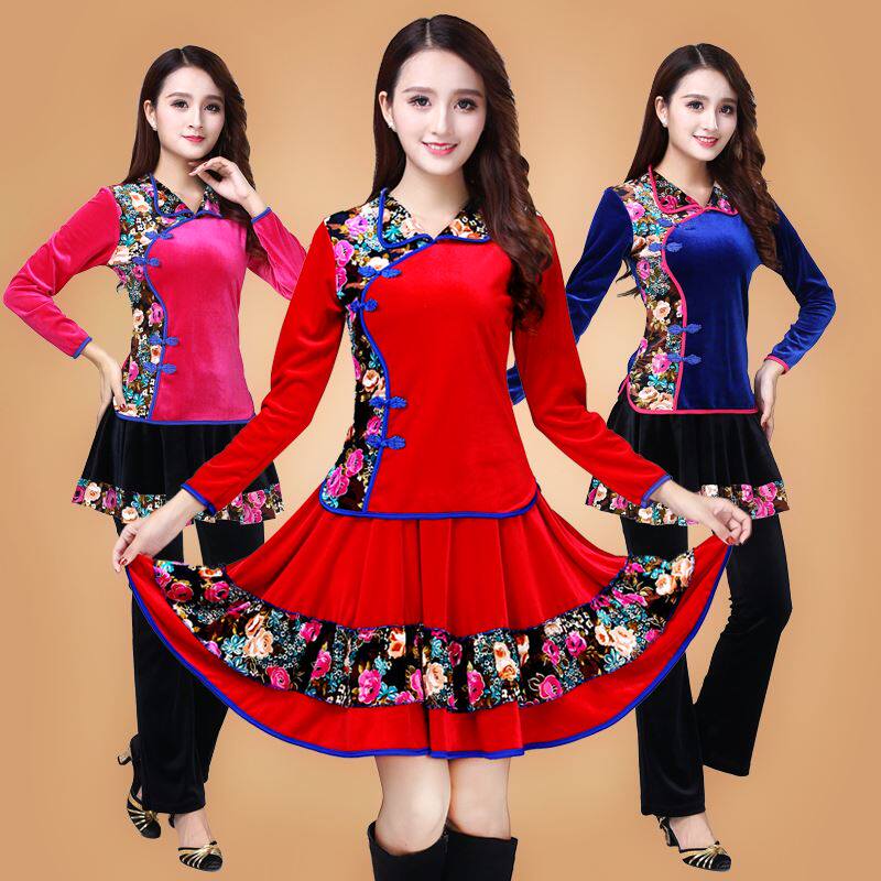 Tidal Gold Velvet Square Dance Costume Suit Spring Autumn 2018 Women Adults Dance Costumes Dance Costumes Dresses Dress New