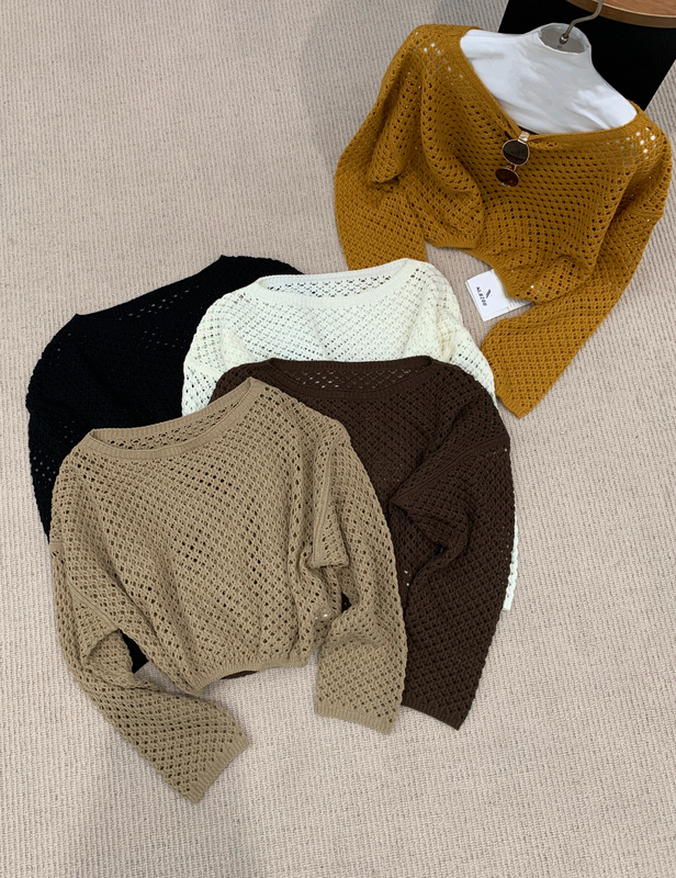 Don'T Leave Me Behind 8735 Early Autumn Hollow Knit Sweater for Women, Lazy Loose Long Sleeve Hole Knit Top for Layering