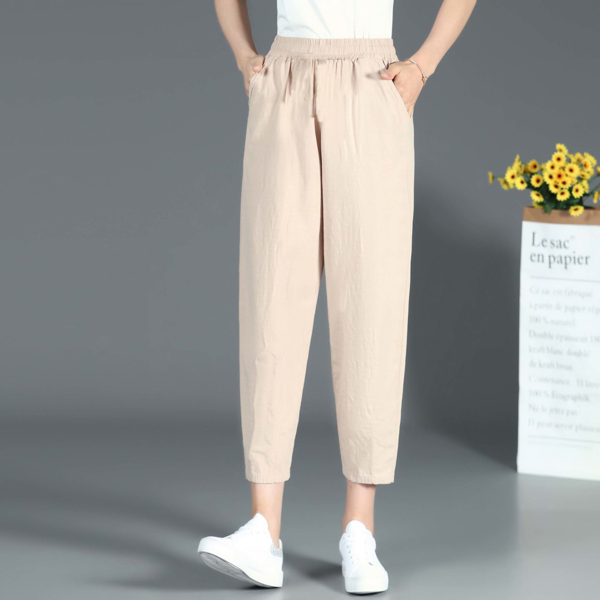 纯棉麻九分裤2022夏季薄款女裤宽松大码妈妈松紧腰休闲裤哈伦裤女详情9